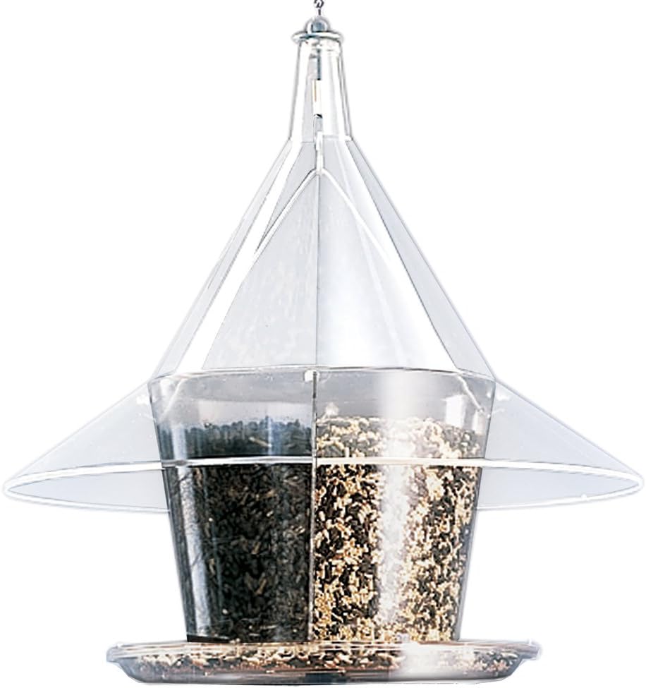 SKY CAFE Bird Feeder with Dividers, Four Seed Compartments, Large Squirrel Proof Bird Feeder with 17" Diameter Clear Dome - Free Squirrel Mug