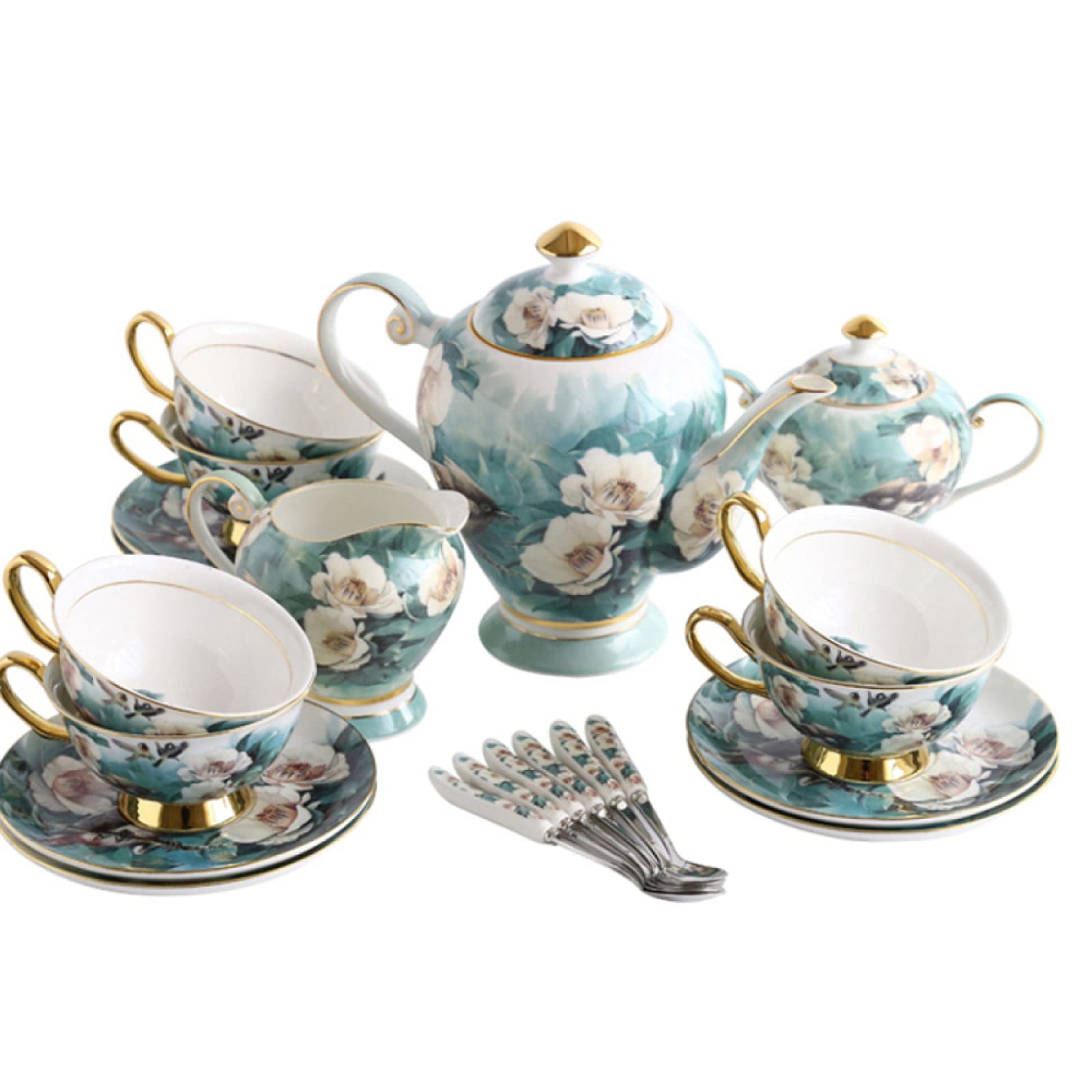 15-częściowy zestaw do herbaty z delikatnej porcelany w kształcie piwonii dla dorosłych, 6 filiżanek i 6 spodków, 1 cukiernica, 1 dzbanek na śmietankę,Filiżanki i spodki do herbaty