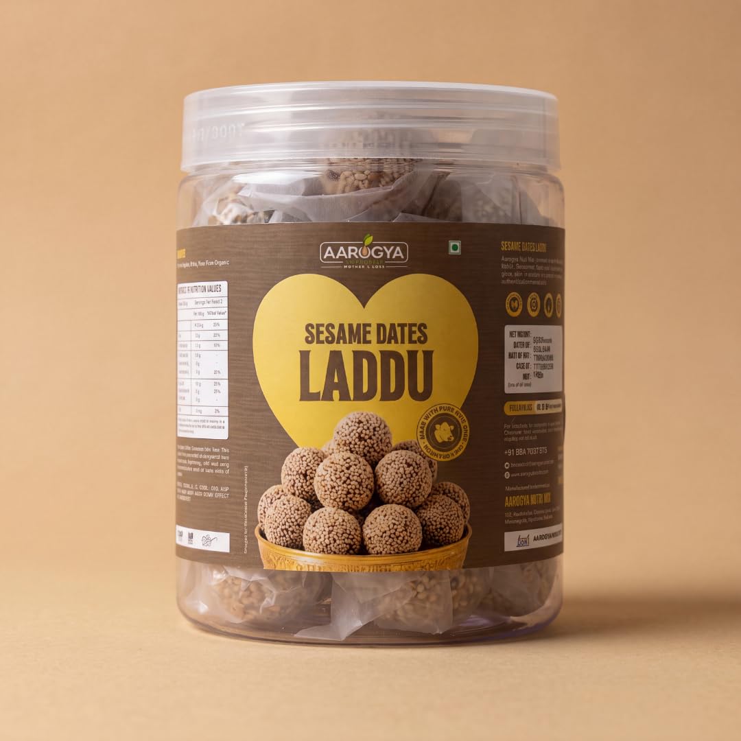 Aarogya Nutri Mix Sesame Dates Laddu | Traditional Til & Dates Energy Laddu Made with Pure Cow Ghee | Rich in Calcium & Instant Energy | No Refined Sugar Sweetened with Organic Honey | Healthy Indian Sweet Snack (Pack of 1) 500 gram-image-12