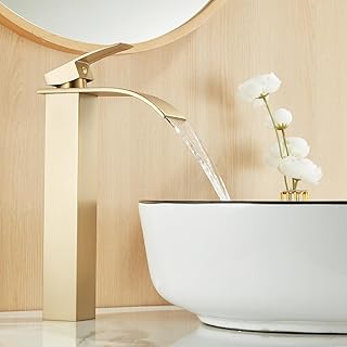 Waterfall Bathroom Basin Mixer Tap, High Rise Bathroom Sink Faucet, Mono Single Lever Tall Tap for Counter Top Basin, Modern and Square Taps with Flexible Tails (Brushed Gold)
