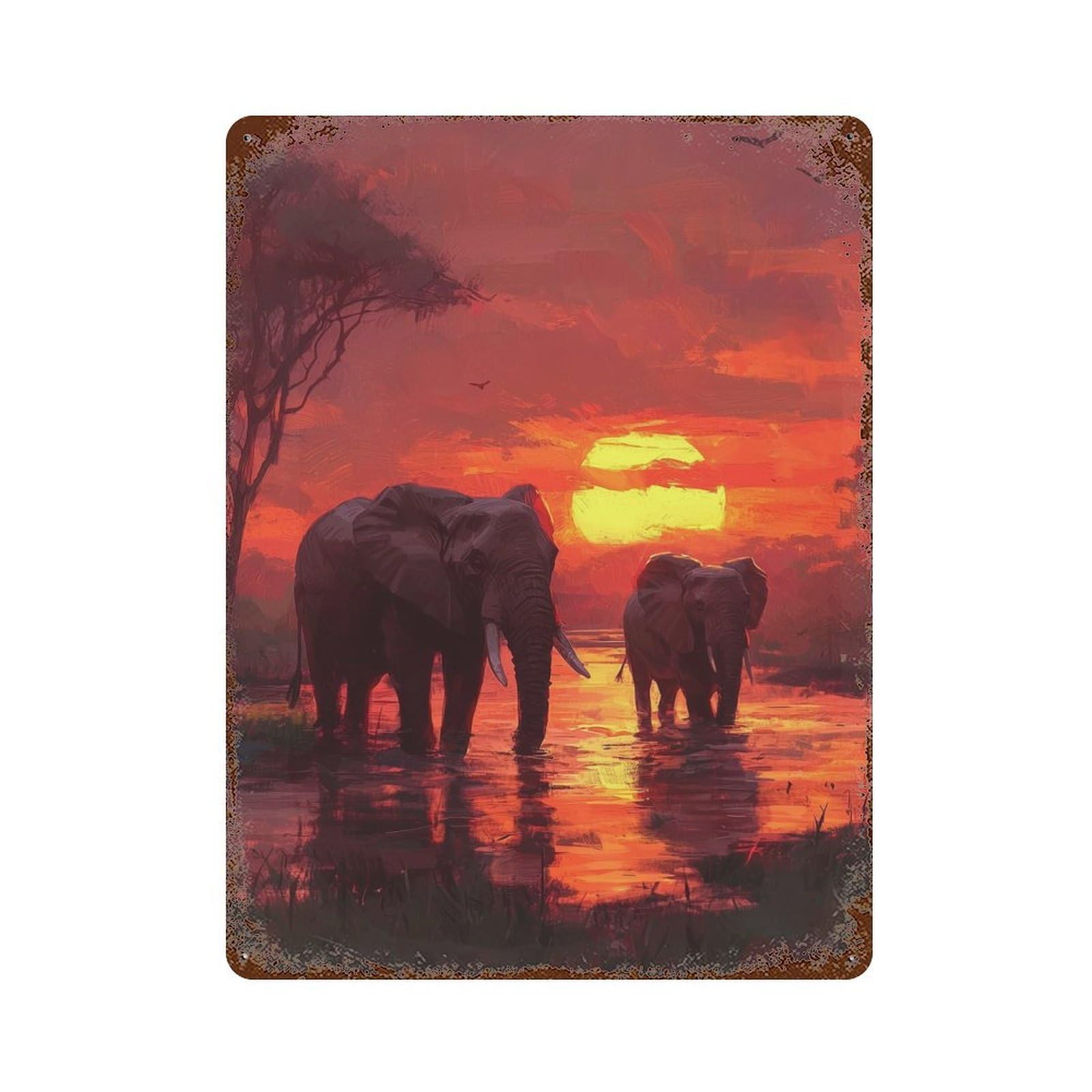 Elephants at Sunset Vintage Wall Sign 15.7"x11.8", Rust Effect Metal Decor for Farmhouse, Kitchen And Entryway Decor