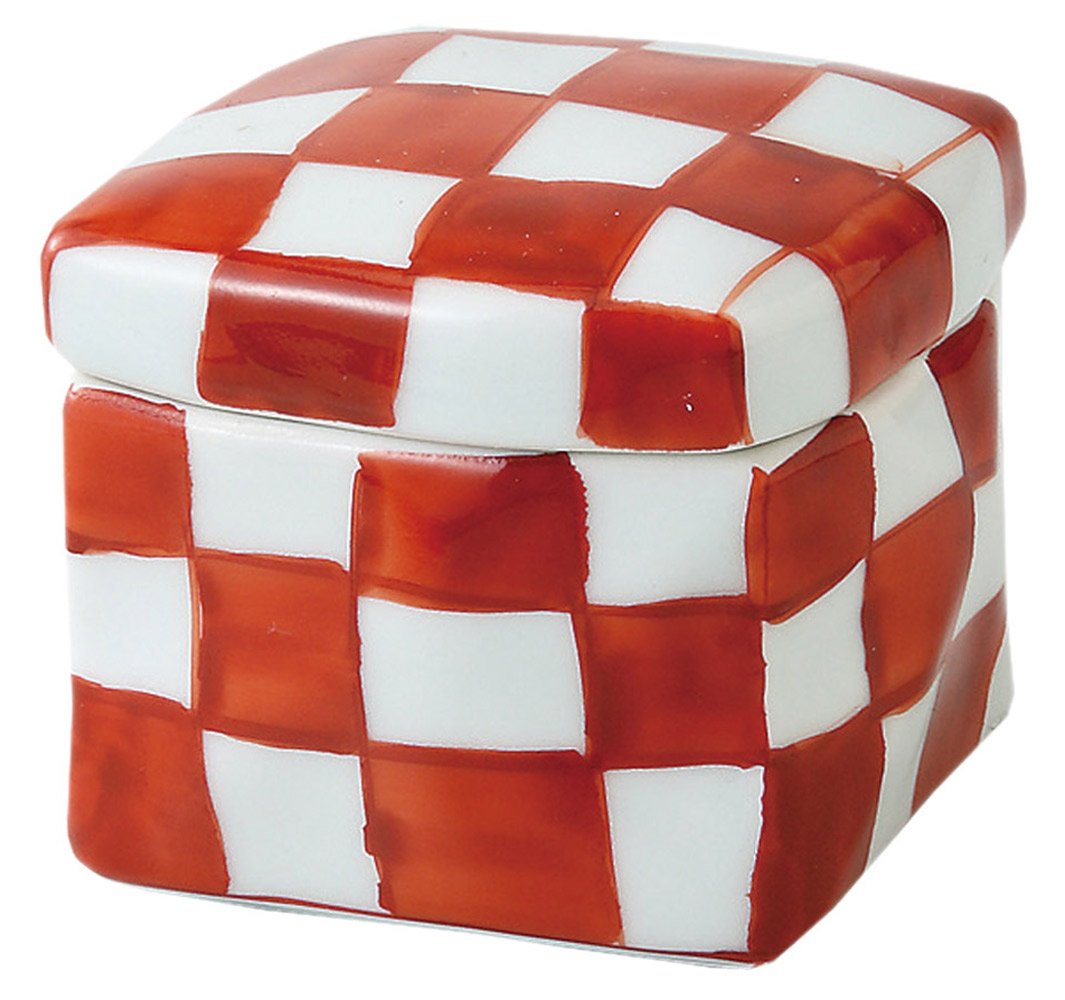 Saikai Pottery 63154 Hasami Ware Square Ceramic Box (Medium) Red Picture Checkered Pattern