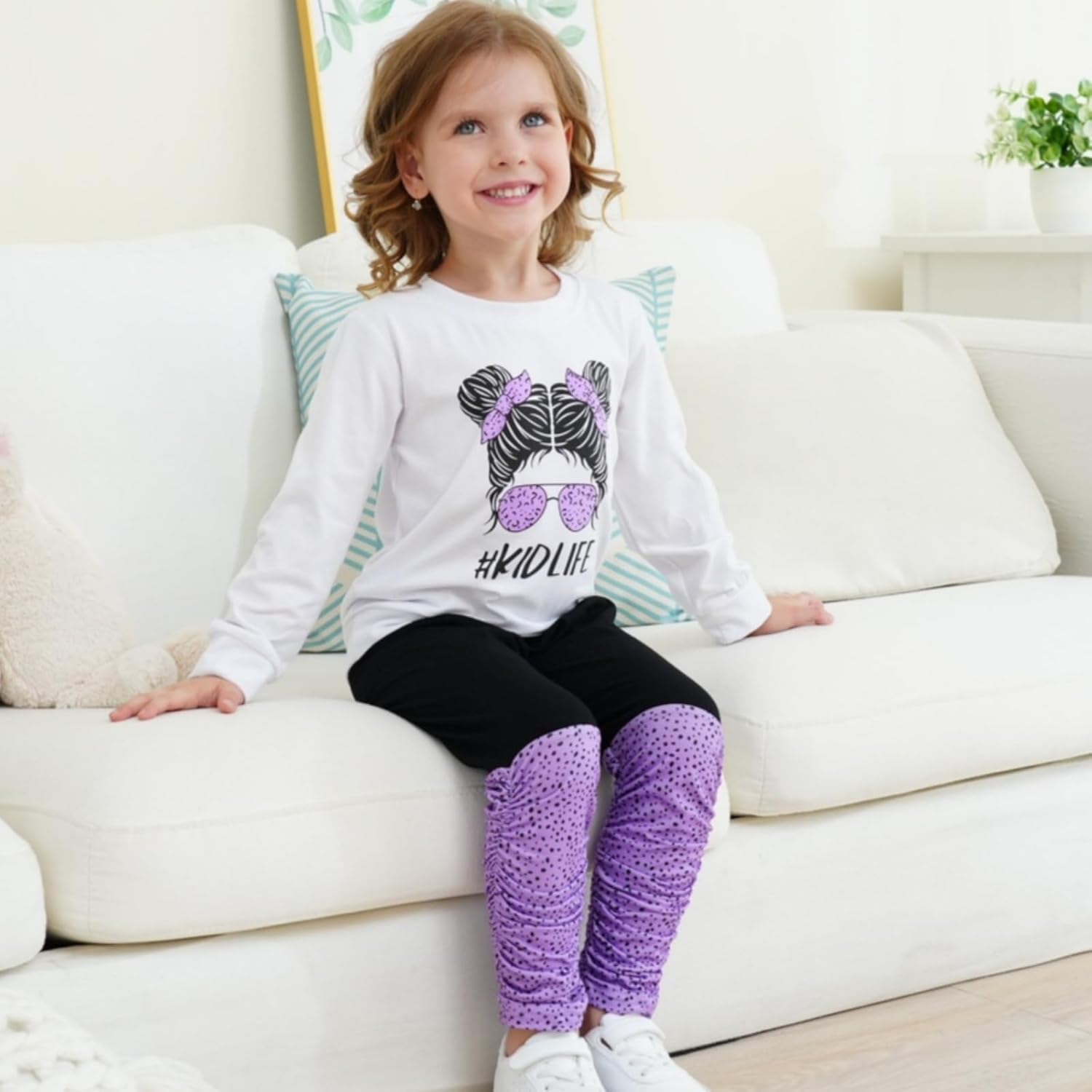 Kids Toddler Girls Clothes Figure Graphic Drop Shoulder Top Pullover Spotted Print Pants Fall Winter Outfit Set 6-7 Years Purple image 4 of 7 B0D5QY1F9H