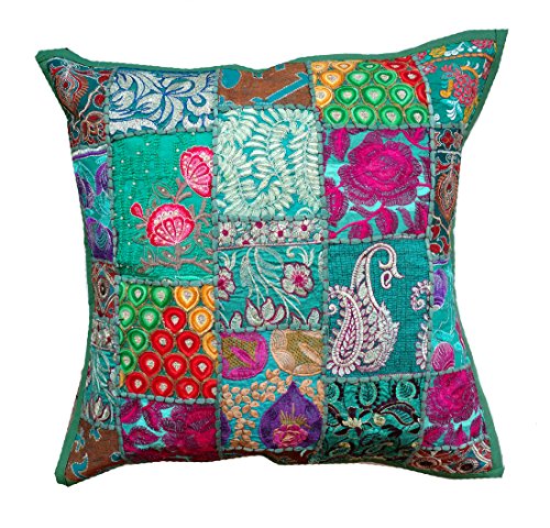 Rastogi Handicrafts Funda de cojín de tamaño grande, multicolor Sari Patchwork Asientos étnicos indio grande cuadrado diseño asiento funda de almohada Cover