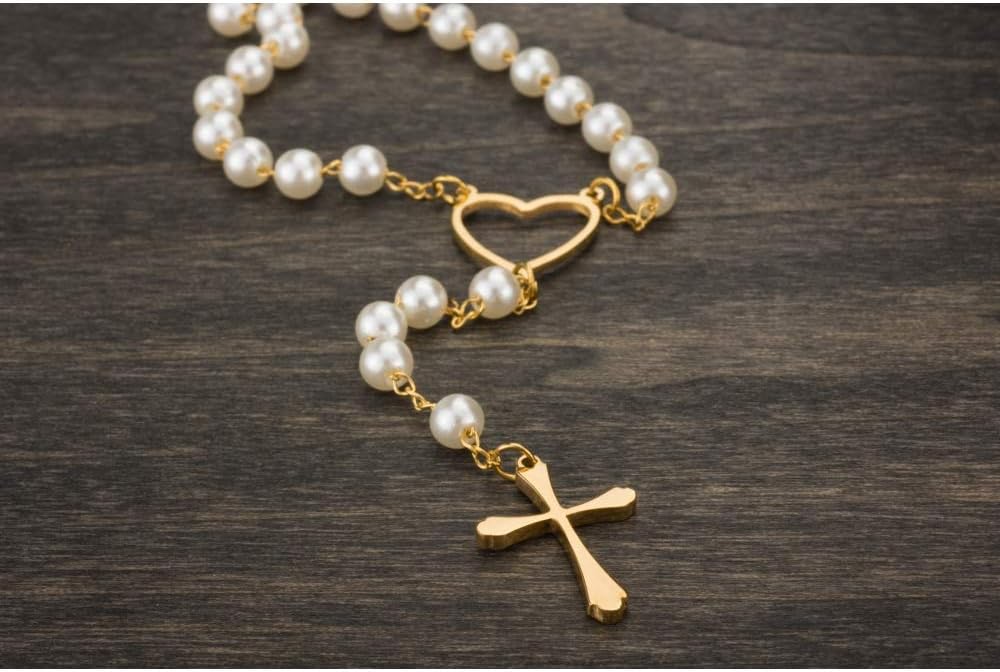 Edforce Stainless Steel Heart and Pearl Rosary with Cross, 29.5 inch - Image 5