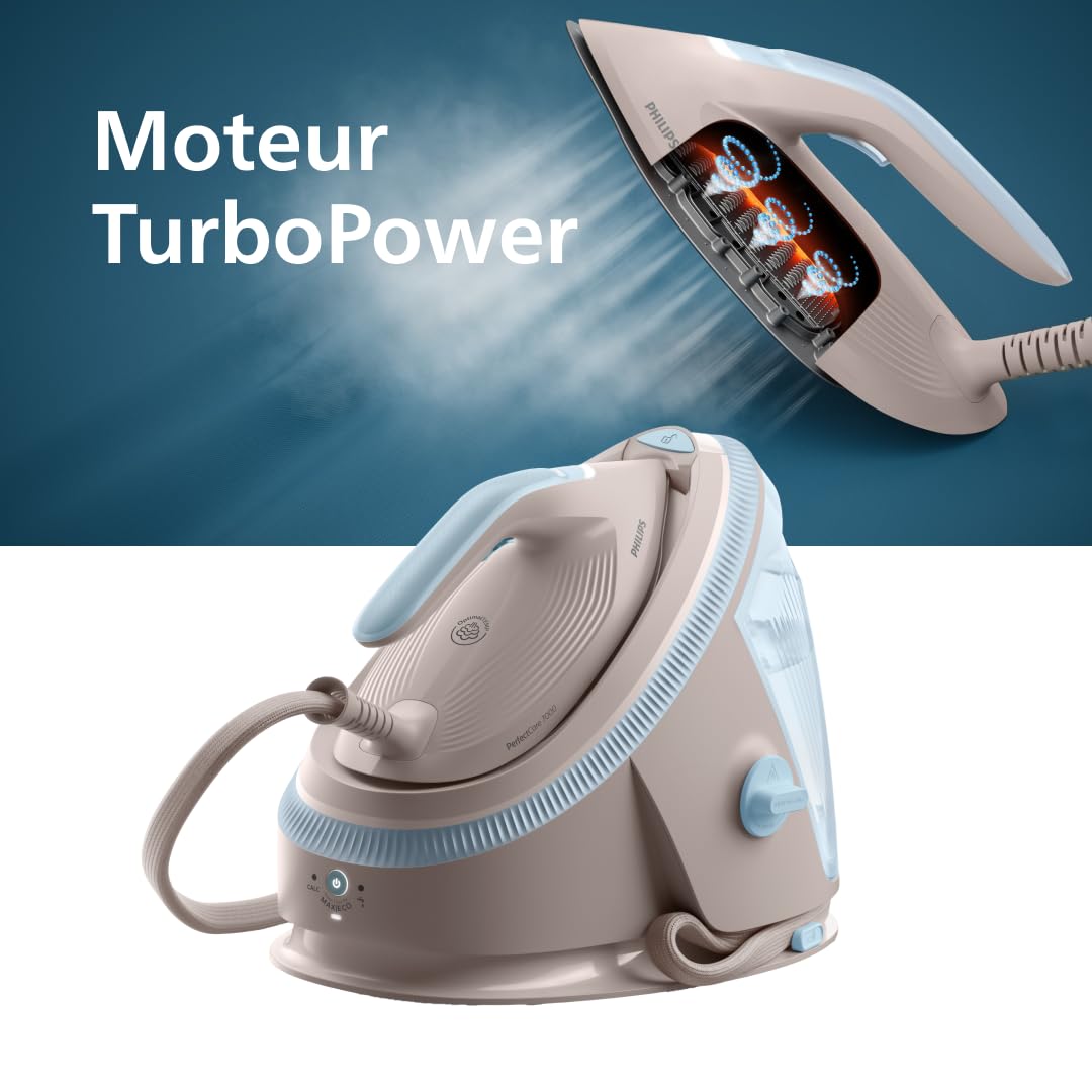 Philips Centrale Vapeur PerfectCare Série 7000 - Puissance 3120W, Effet pressing 600g, Pression 8.5 bars, Technologie OptimalTEMP, Eco, semelle SteamGlide Elite, Réservoir de 1.5L, Beige (PSG7200/60)
