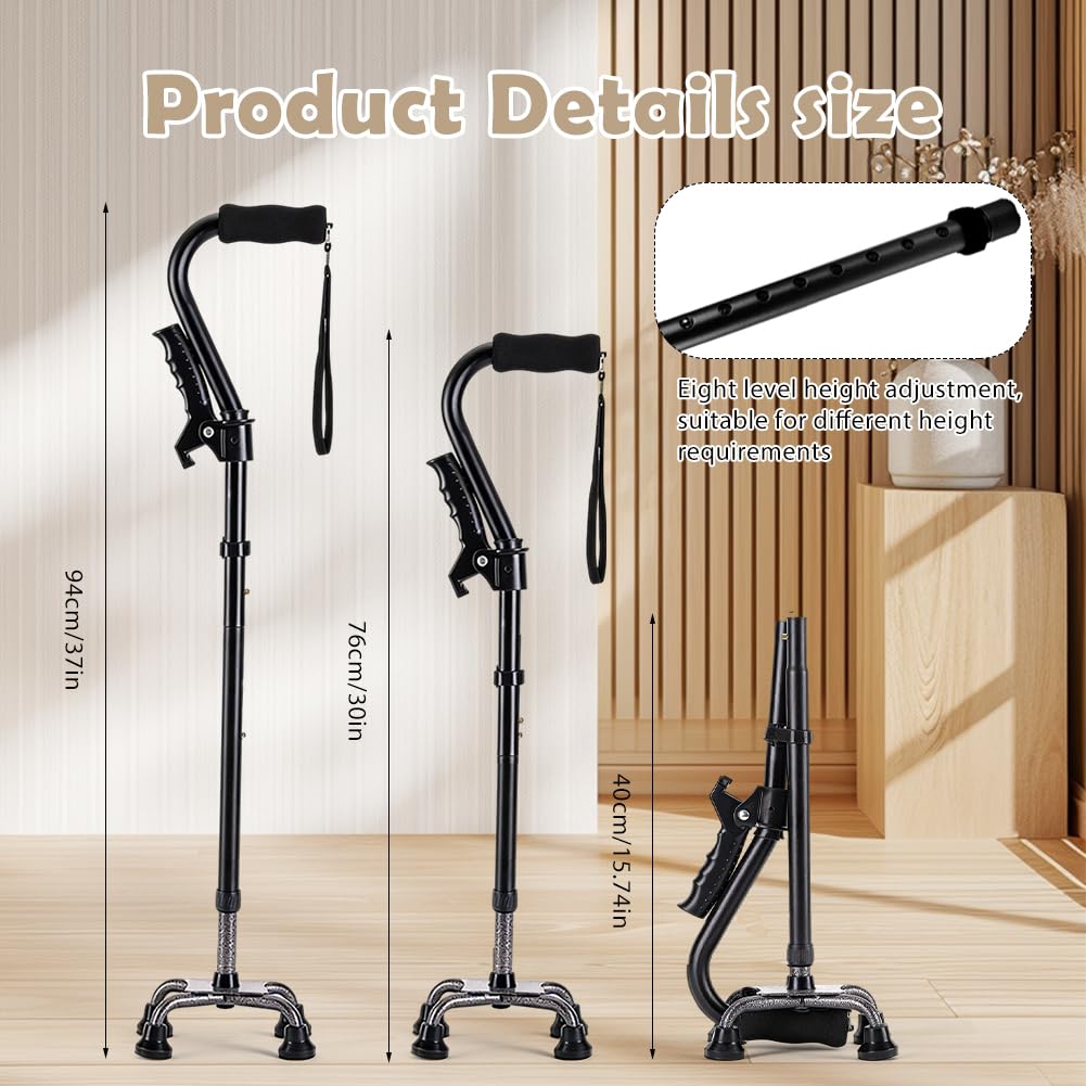 Bastón plegable para hombre y mujer, para personas mayores con base de 4 puntas, doble mango, altura ajustable (75-90 cm), ligero y estable, bastón telescópico para adultos