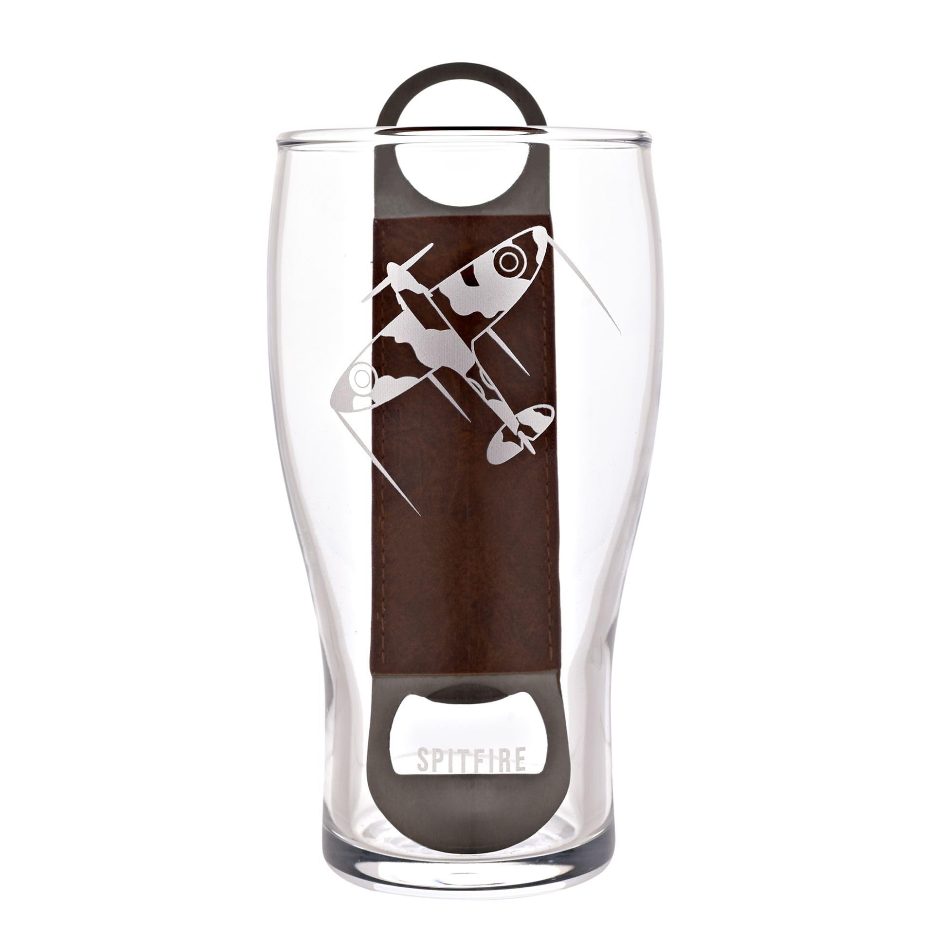 Officially Licensed Royal Air Force RAF Pint Glass & Bottle Opener Set - Spitfire - Etched Graphic Drinking Beer Glass Home Bar, Kitchen & Dining for Men, History & Aviation - 480ml / 16oz.