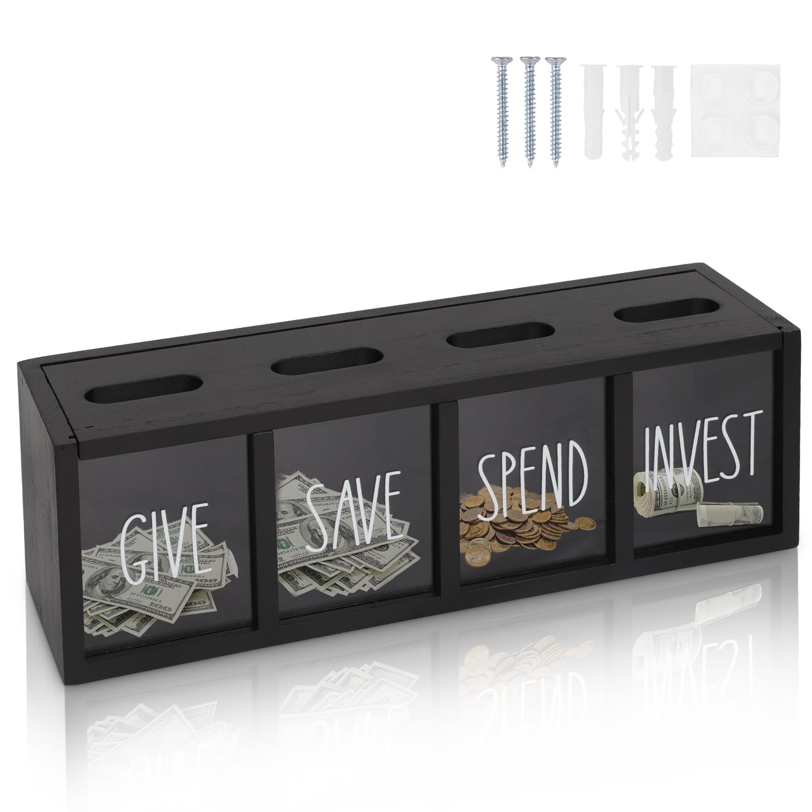 Tirelire en bois pour enfants, dépenses, économiser, donner et investir de l'argent visualisée pour pièces de monnaie et argent liquide pour enfants, garçons, filles, adultes (comptoir et