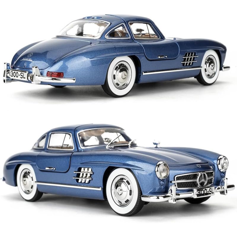 Image of Kids Model 1:24 Vintage 300 SL Classic Die Cast Metal Car Pull Back Action Opening Doors with Realistic Engine Sound Lights Toy Car Gift for Boys - Blue