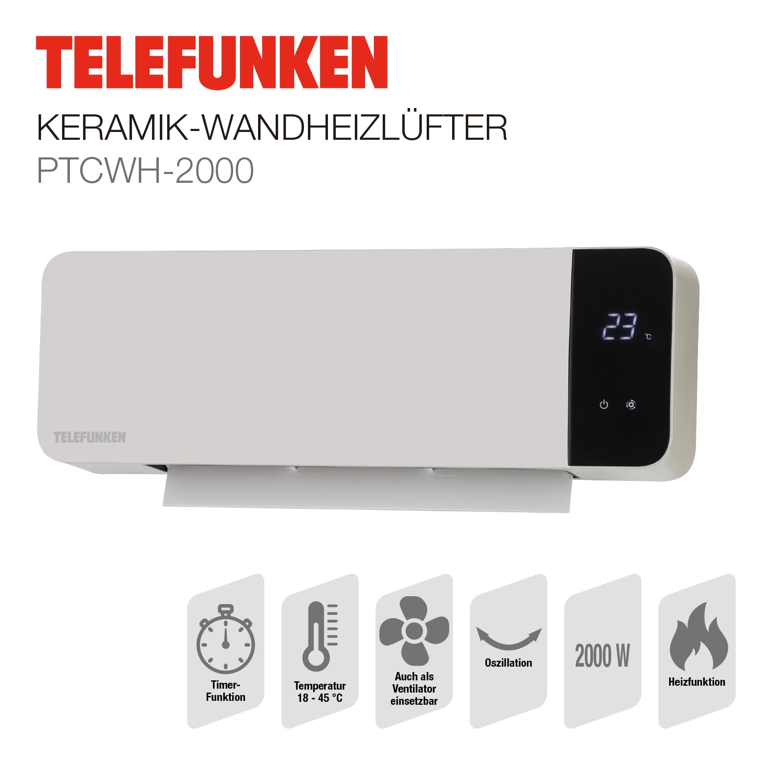 Telefunken Keramik Wandheizlüfter PTCWH-2000W LED-Display Thermostat Fernbedienung Timer Oszillation Überhitzungsschutz 18-45°C