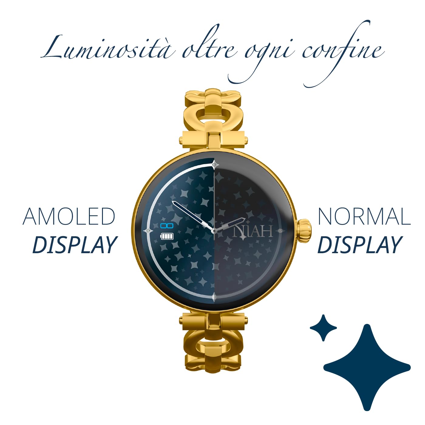 TECHMADE Smartwatch Niah Lyra per donne, orologio digitale gioiello, schermo AMOLED, chiamate, notifiche, funzione SOS, sport, cardiofequenzimetro, Spo2, BP, comp con IOS e android (GOLD)