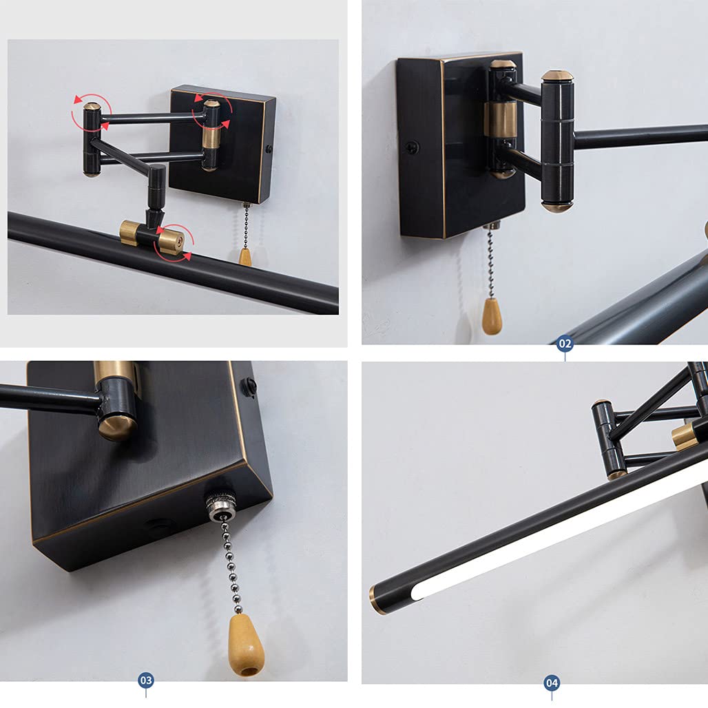 LED Spiegellampe Badezimmer mit Schalter Vintage Messing Spiegelleuchte Retro Verstellbar Badleuchte 7W Neutralweiß 4000k Bad wandleuchte für Spiegelschränke und Spiegel, 35cm, 560lm,Schwarz