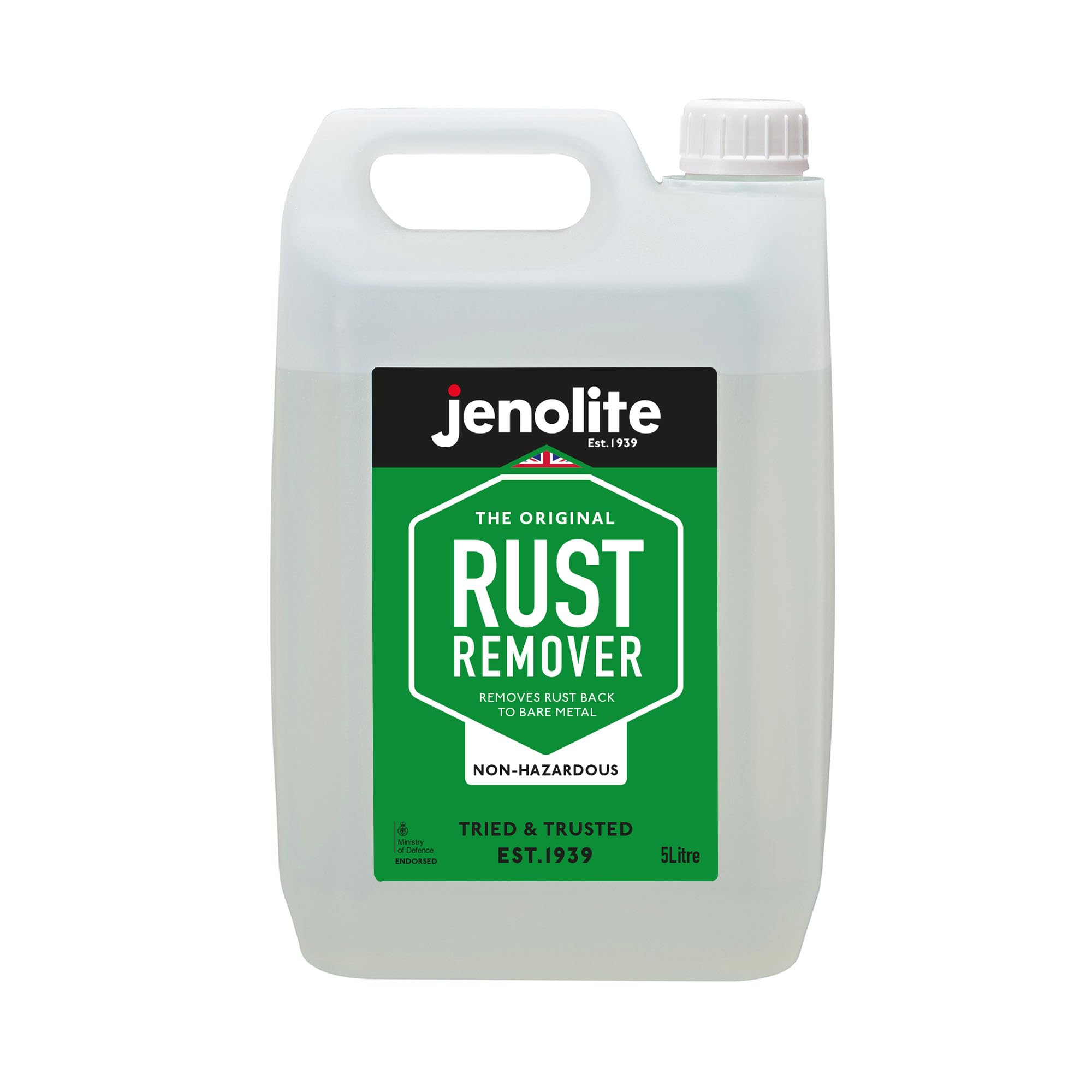 JENOLITE Rimozione della ruggine Non pericoloso | rispettoso dell'ambiente | Antiruggine a base acqua per ferro, acciaio, cromo, rame, ottone | Ideale per serbatoi di carburante arrugginiti | 5 litri