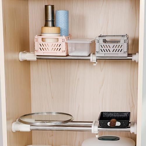 Miniatura 10 de Hershii Paquete de 2 barras de tensión expandibles para armario, estante de metal ajustable, organizador de gabinete, separador de bricolaje para