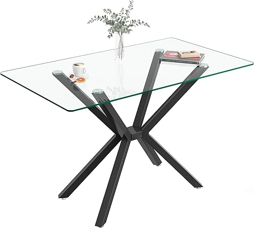 Miniatura 103 de Mesa de comedor de cristal de 51 pulgadas para 4, mesa de comedor rectangular contemporánea con parte superior de vidrio templado y patas de acero