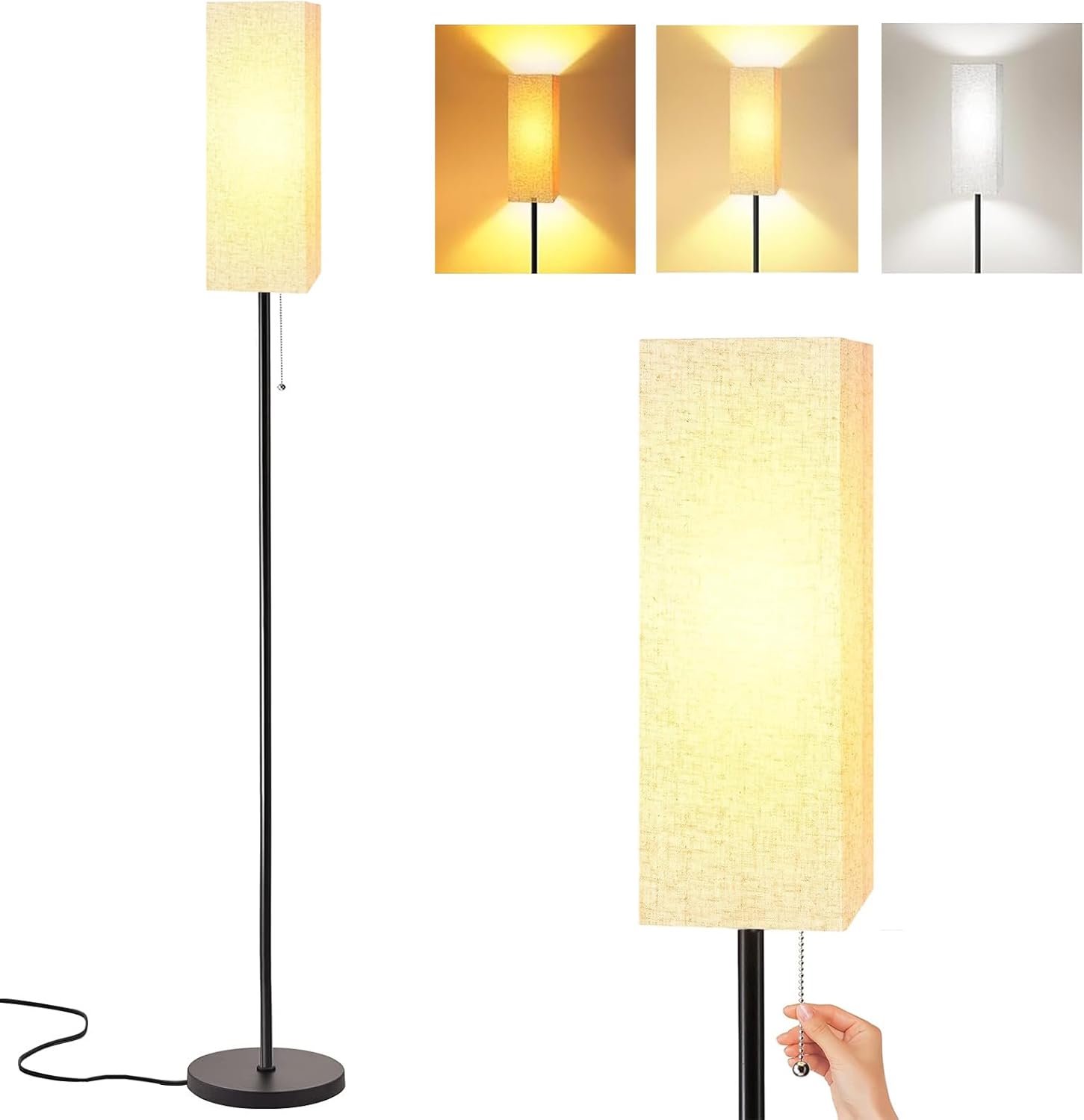 ALLDIO Floor Lamp for Living Room, Black Tall Standing Lamps with Pull Chain Switch, Linen Lampshade Decor for Bedroom, 3-Color Temperature E26 LED Bulb Included