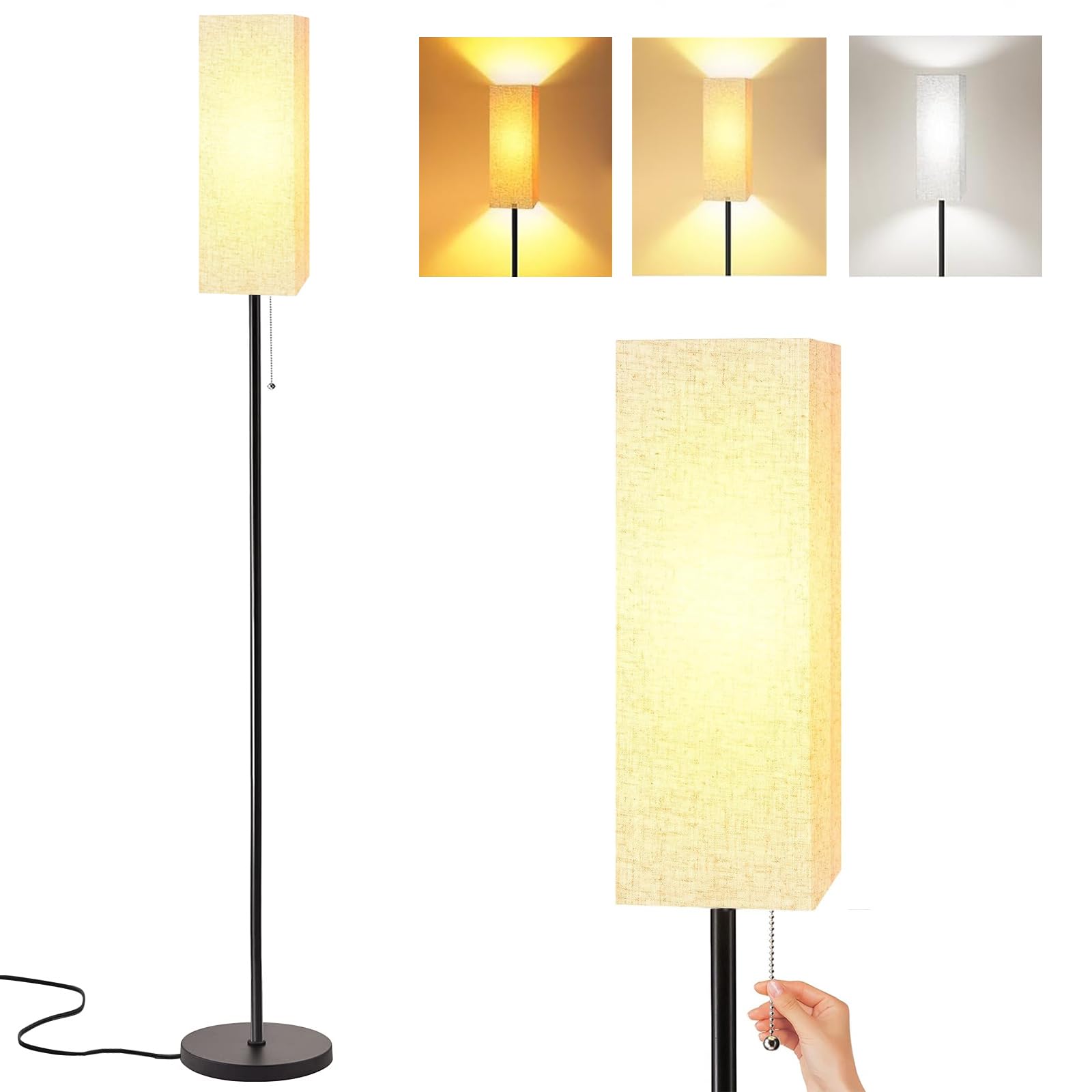 ALLDIO Floor Lamp for Living Room, Black Tall Standing Lamps with Pull Chain Switch, Linen Lampshade Decor for Bedroom, 3-Color Temperature E26 LED