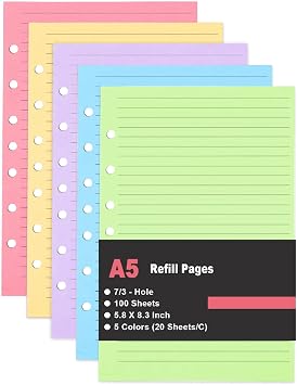 Mini Binder 5 Colorful Line Paper for 3 or 7 Ring Binders - 100 Sheets/200 Pages Loose Leaf Paper Line Refills, Per Color 20 Sheets, Desk Size 4, 5.8" x 8.25"