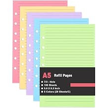 Mini Binder 5 Colorful Line Paper for 3 or 7 Ring Binders - 100 Sheets/200 Pages Loose Leaf Paper Line Refills, Per Color 20 Sheets, Desk Size 4, 5.8" x 8.25"
