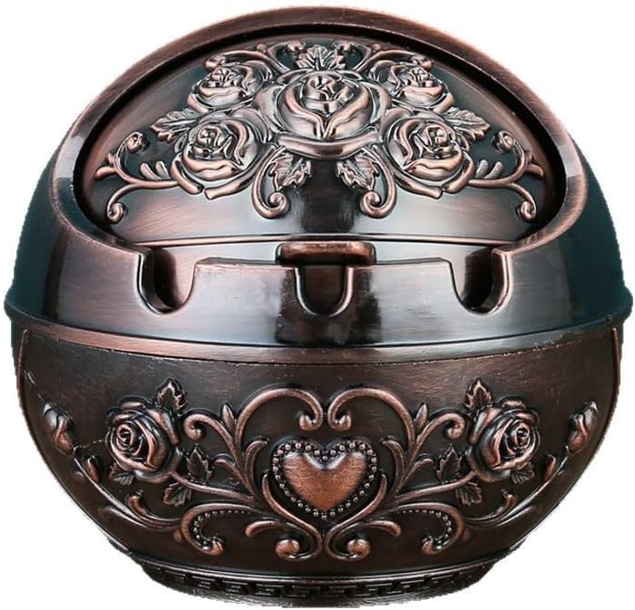 European style ashtray vintage decorative windproof ashtray and home office covered decorations metal portable interior and outdoor decoration gifts and boyfriend decorations (Red Copper Heart)