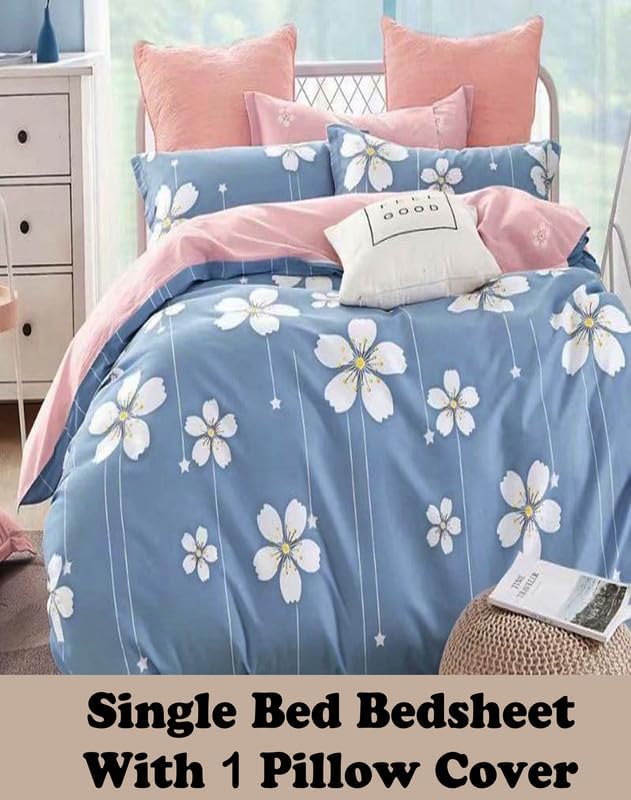 Image of Polycotton Single Bed Bedsheet, Flat Sheet with 1 Pillow Cover, Queen (60x90 inch), 300 TC, Blue & White, Set of 2