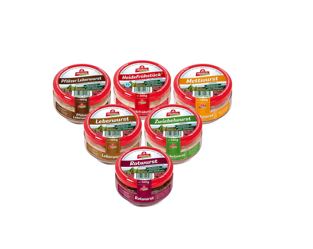 6x Müller’s Klassiker Probierset: 1 x Heidefrühstück, 1 x Leberwurst, 1 x Mettwurst, 1 x Pfälzer Leberwurst, 1 x Rotwurst, 1 x Zwiebelwurst