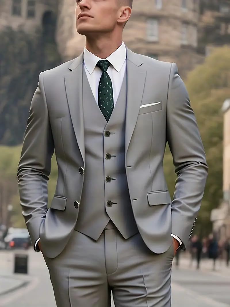 Mens 3 Piece Suit Slim Fit Wedding Suits Business Man Suit Formal Suits for Men Solid Blazer Vest & Pant Set