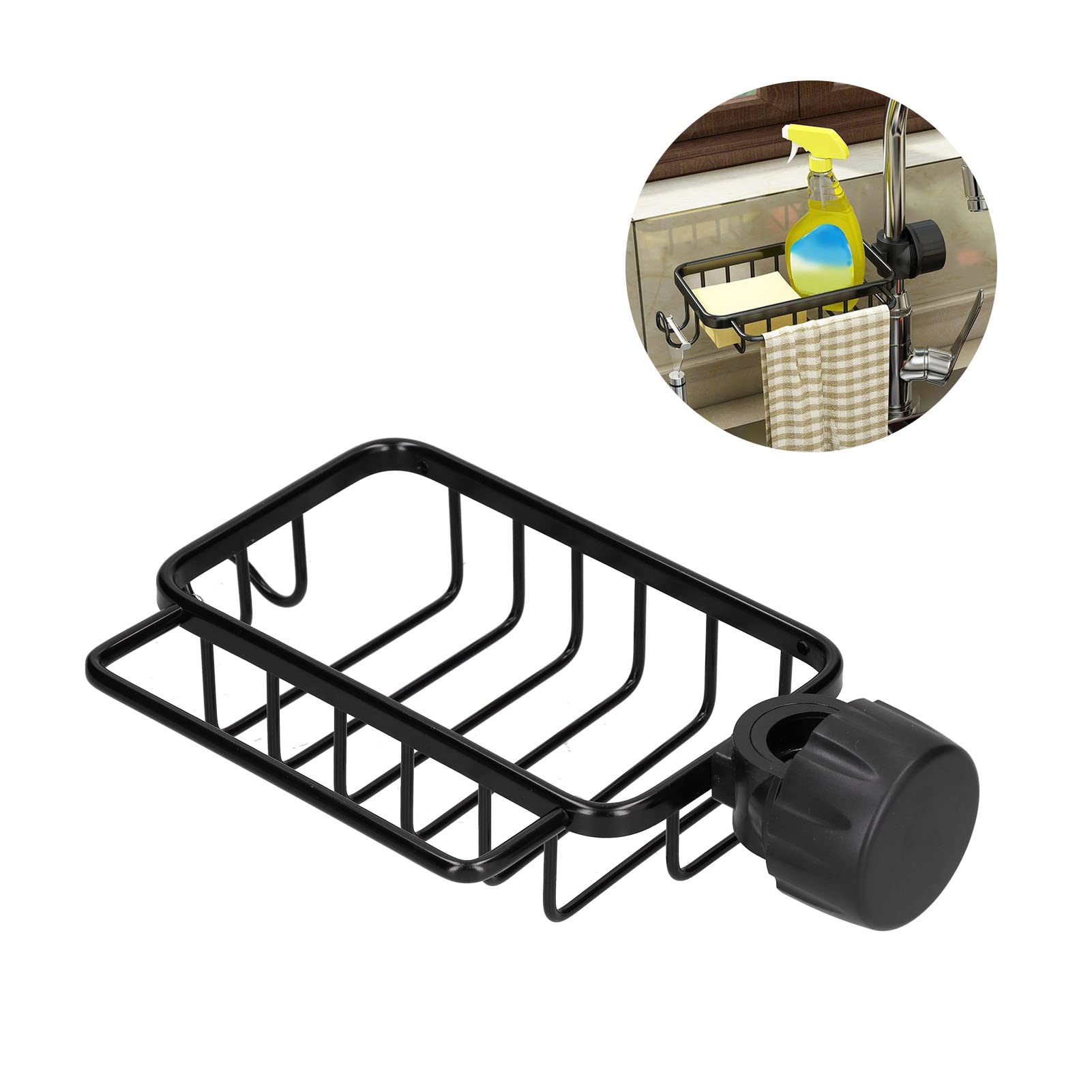 Faucet Storage Rack, Aluminum Alloy Black, Multifunctional Sink Organizer with Hooks, sturdy and Ergonomic Design, Fits Most Faucets, Ideal for Kitchen and Bathroom