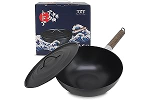 Non-Stick Cast Iron Wok - 9" Mini Wok with Lid and Wooden Handle