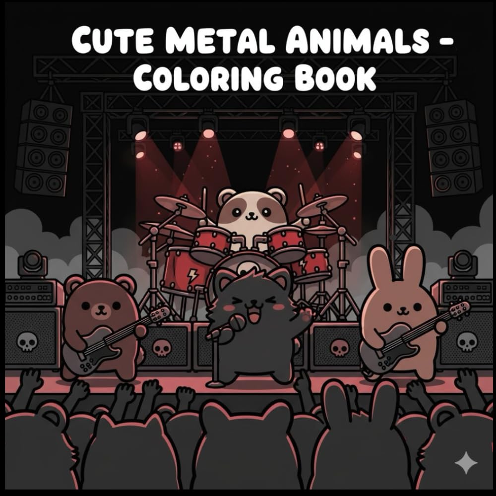 Cute Metal Animals – Coloring Book: Adorable Kawaii Creatures Rocking Out in Dark Concert Scenes for Relaxing Coloring Fun