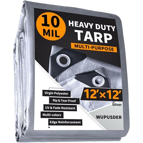 12'x12' Heavy Duty Tarp, 10Mil Silver Waterproof Tarps with Grommets, UV Resistant, Poly Tarpaulin with Reinforced Edges, Cover for Car, Roof, Camping
