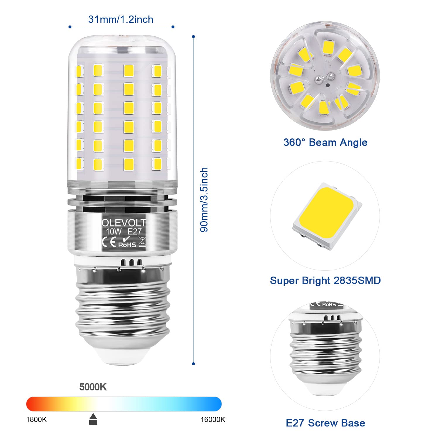 OLEVOLT Lampadine LED E27 10W Luce Fredda 5000K 1200LM Mais Lampadina E27 Equivalente 80W Lampada Alogena, Non Dimmerabile Nessun Sfarfallio Lampadina Mais E27 Risparmio Energetico Lampade Set di 6