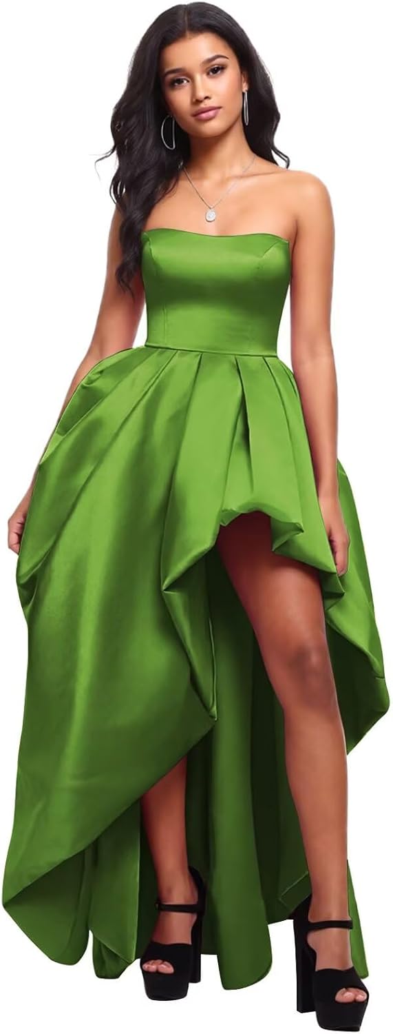 GRILSONTOP High Low Satin Prom Dresses for Women Strapless Formal Evening Ball Gown A Line Ruched Wedding Dress