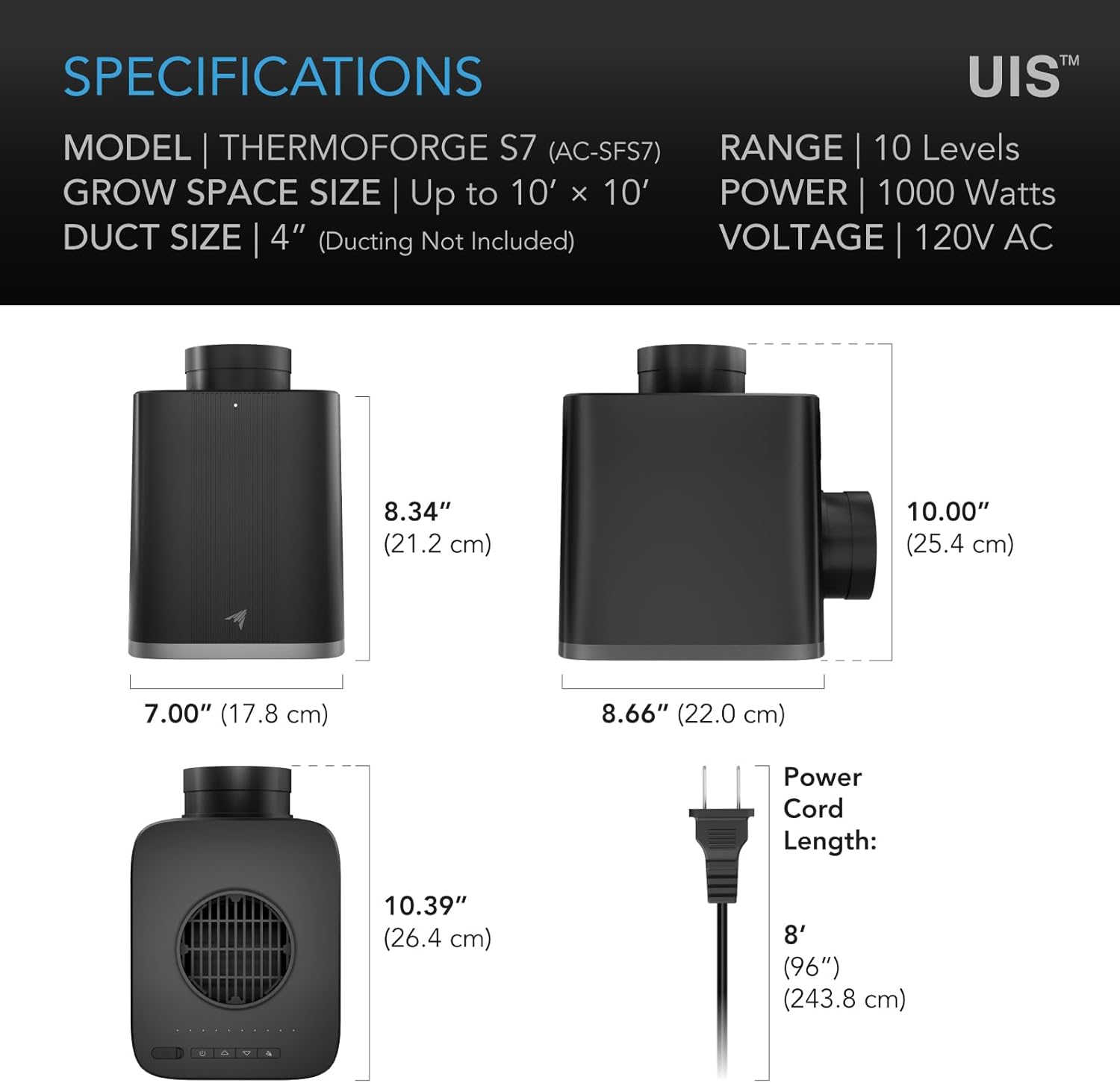 AC Infinity THERMOFORGE S7, Environmental Heater 1000W with 10-Level PTC Heating and Fresh Air Intake Control, Dual Duct Configurations for Grow Tents, Rooms, Greenhouses
