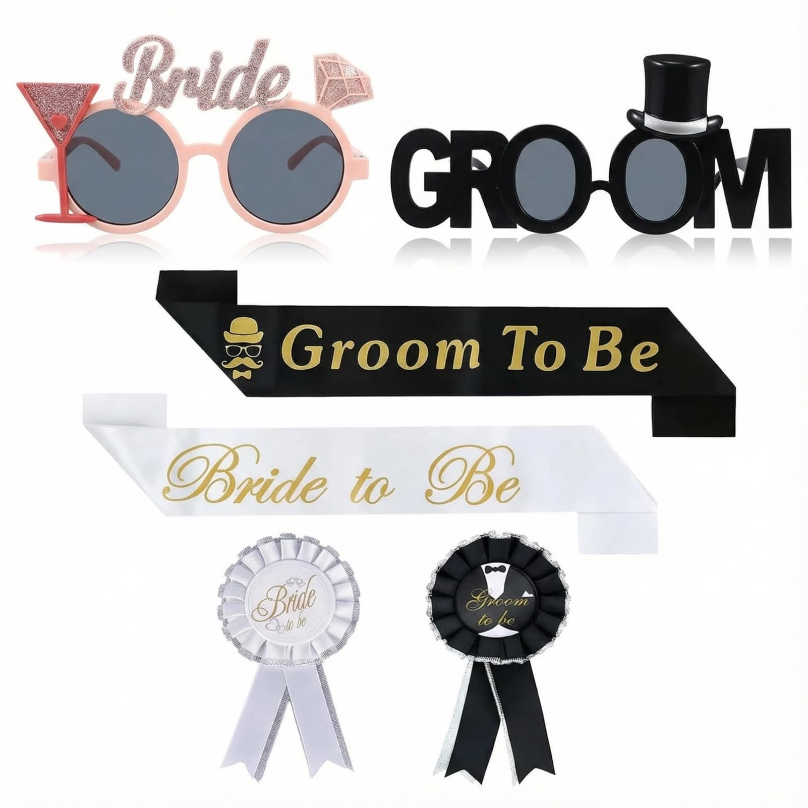 COONE 6-Piece Bridal & Groom Glasses Sash ​Badges Set, Stag Party Accessories, Bachelor Party Decorations for Groom to Be, Wedding Celebrations
