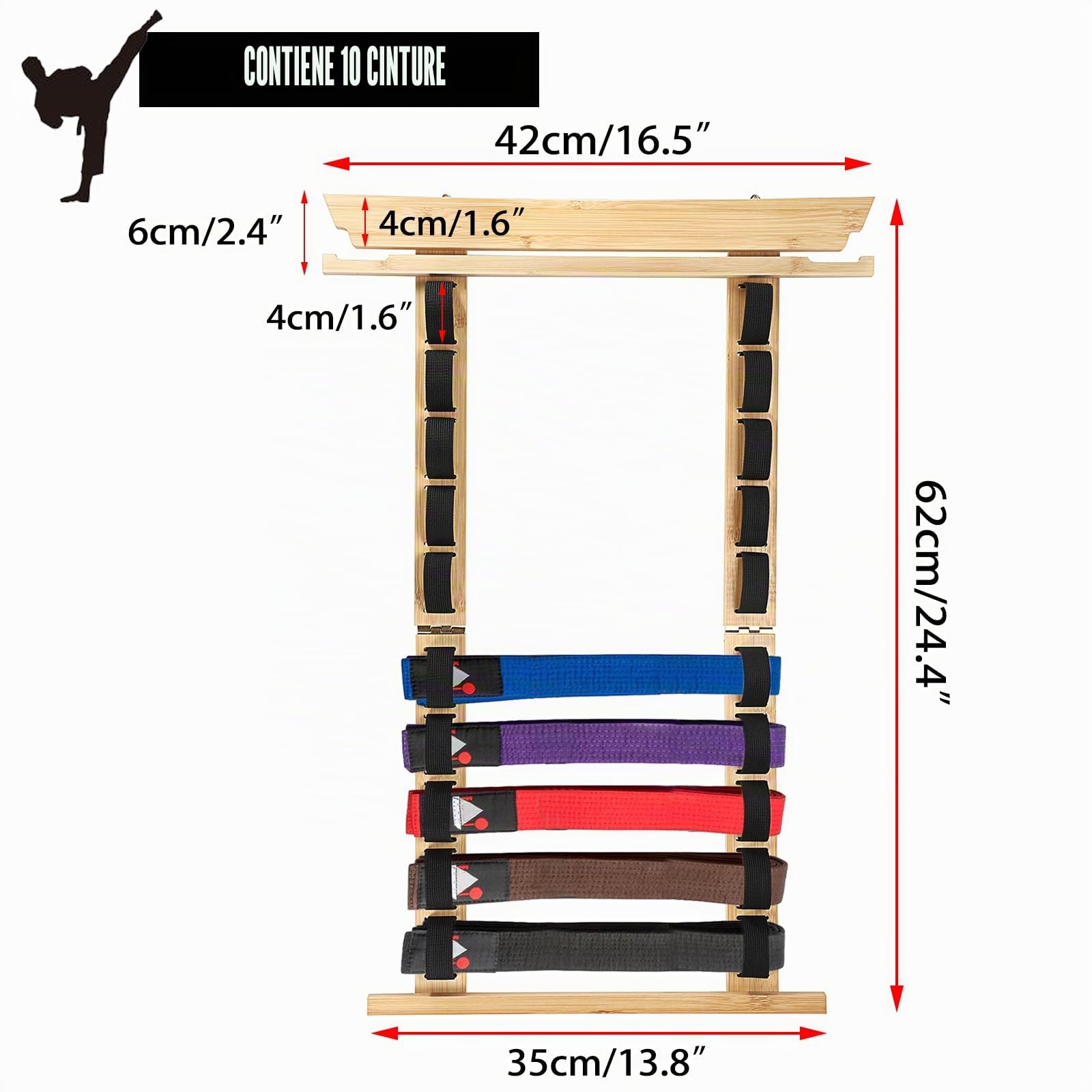 SUMNACON 10 Cinture Porta Cinture in Bambù per Arti Marziali, Organizzatore da Parete per Cinture di Karate Taekwondo, Espositore per Cinture da Arti Marziali, Porta Medaglie per Studenti di Karate