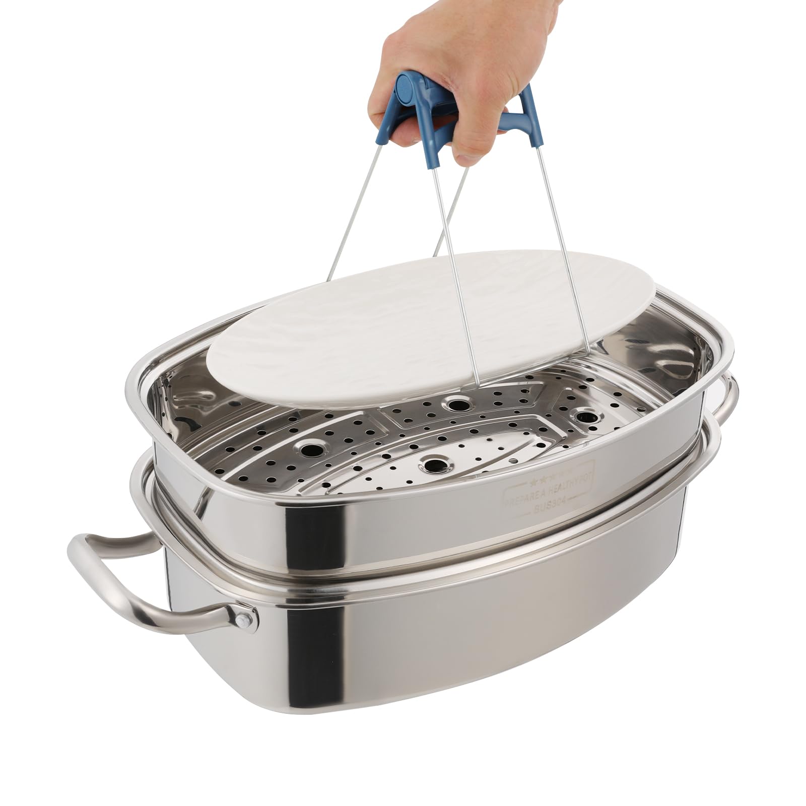 Dampfkochtopf aus 304 Edelstahl, 2-stöckig 6L Dampfgarer mit Dampfgitter & Dampfkorb, inkl. Zange Schutzhandschuhe Timer, kompatibel mit Gas Elektro Induktion, für Fisch Gemüse Suppen Nudeln
