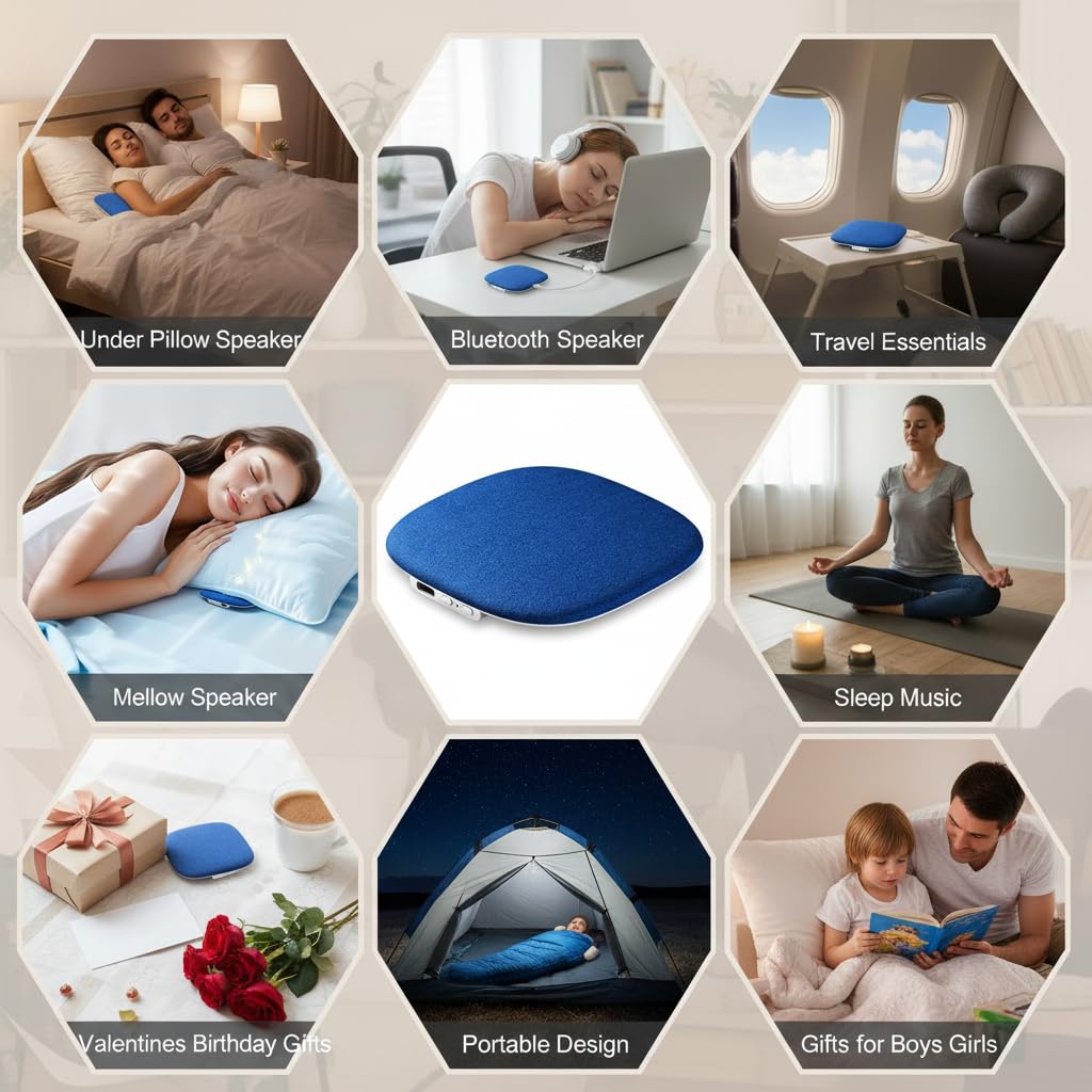 TAZATA Pillow Speaker for Sleeping, Built-in 100 White Noise Sound Machine + App Extendable, Ultra Thin Flat Portable Bluetooth Speaker Under Pillow for Side Sleeper, Auto-Off Timer (Blue) — view 9
