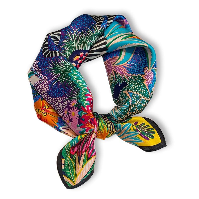 Weximil 100% Mulberry Silk Neck Scarf - 21'' x 21'' Lightweight Neckerchief - Women Men Small Square Digital Printed Scarves Gift Packed ?Blue-black?