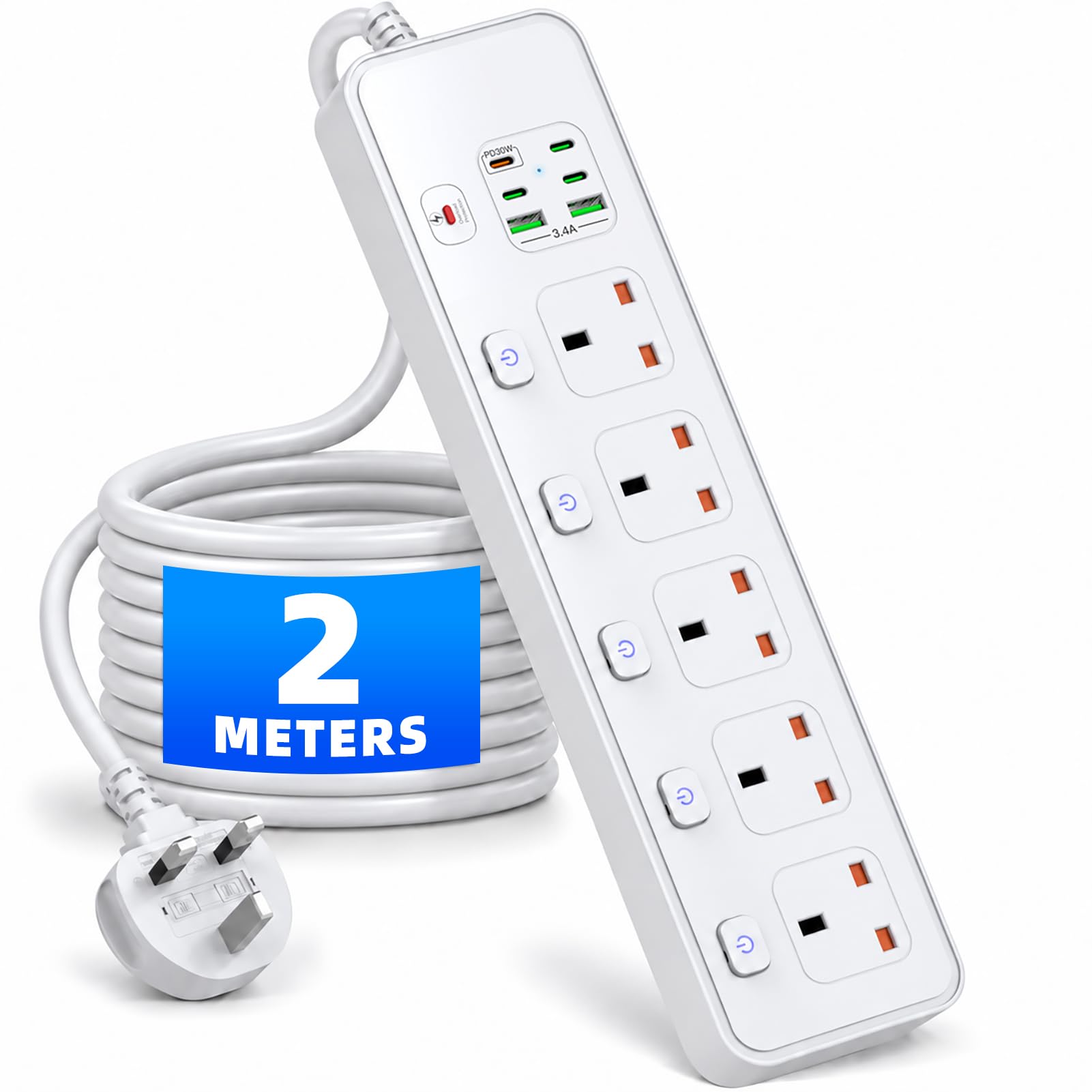 Extension Lead with USB Slots, 5 Plug Extension Socket with 4 USB-C Ports and 2 USB Ports, 2 Meters Extension Lead with Individual Switches, UK Plug Adapter Electrical Cords for Home Office (White)