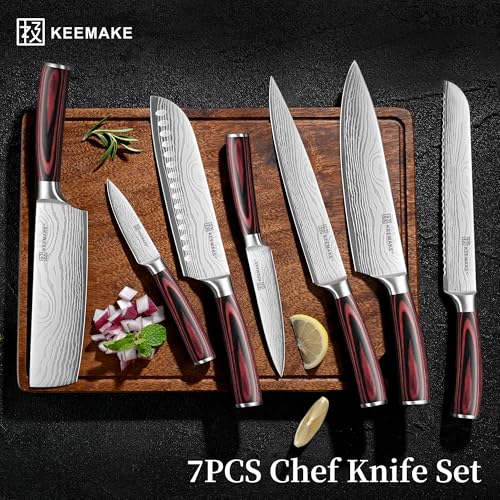 Image of KEEMAKE 7 Pieces Kitchen Knife Set, Professional Ultra Sharp Chef Knife Set | Japanese High Carbon Stainless Steel with Pakkawood Handle, Kitchen Gadgets, Unique Gifts for Women Men