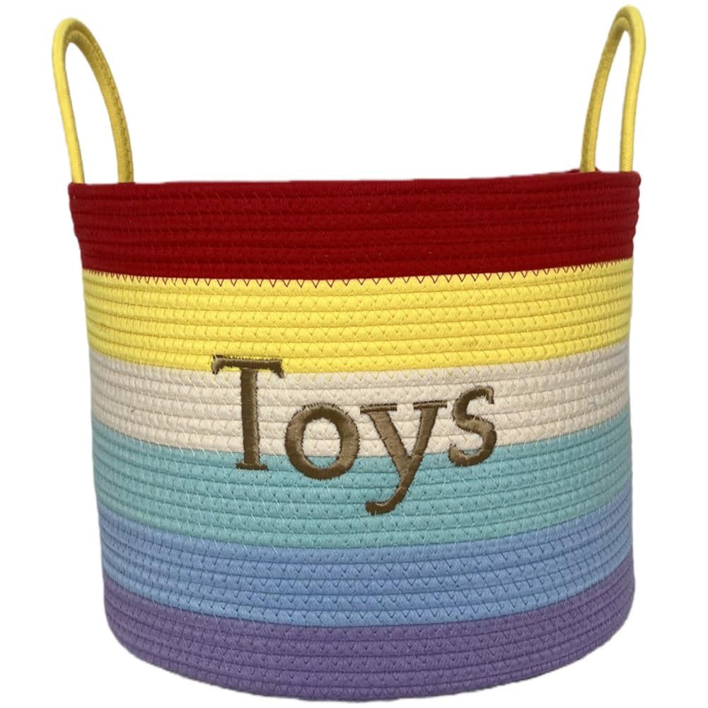 Sslvya Cotton Rope Storage Basket with Handle Rainbow Woven Storage Bin for Toys Dirty Clothes Quilts Nursery Storage Container