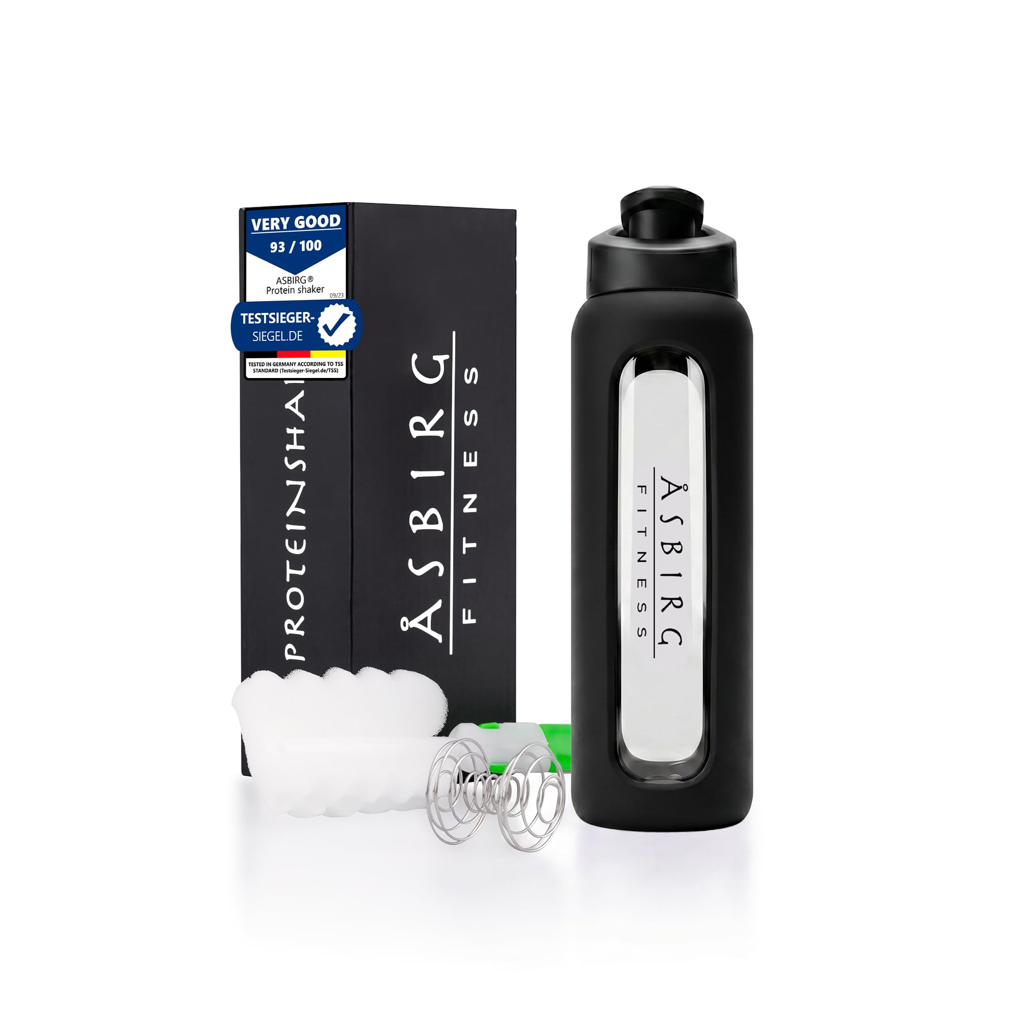 Asbirg Glass Protein Shaker Bottle 700ml – Leakproof & BPA-Free – Borosilicate Glass Gym Shaker with Spiral Mixing Ball for Smooth Protein Shakes, Smoothies, Meal Replacement & Fitness - Black