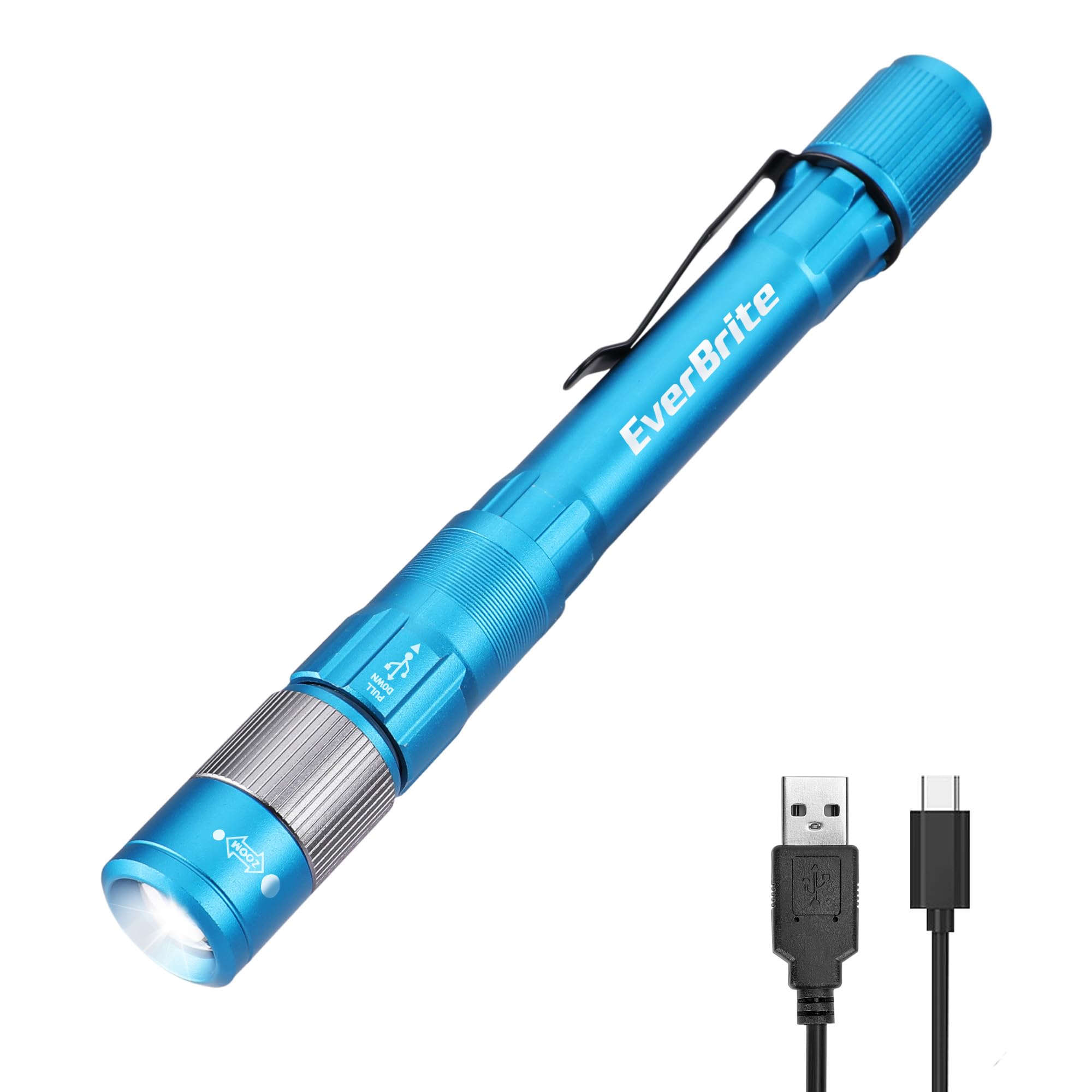 EverBrite Pen Light, Rechargeable Pen Flashlights, 300 Lumens Zoomable LED Small Flashlight with Clip, Memory Function, USB-C Cable Included, Pocket Size for Camping, Emergency, Mechanic, Bl