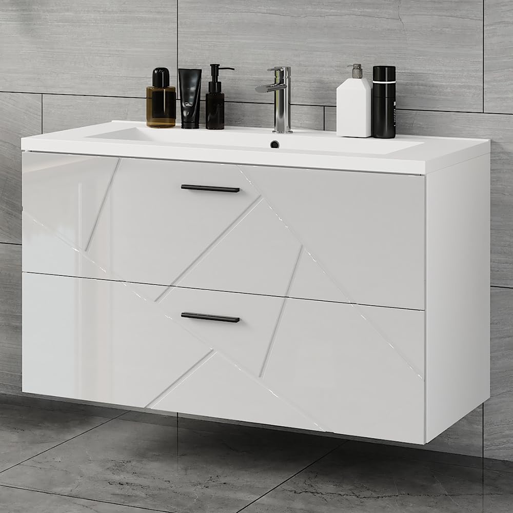Vicco Ensemble de Meubles de Salle de Bains Irma, Blanc/Blanc Brillant, 100 cm, composé d’Un Meuble sous-lavabo et d’Un lavabo