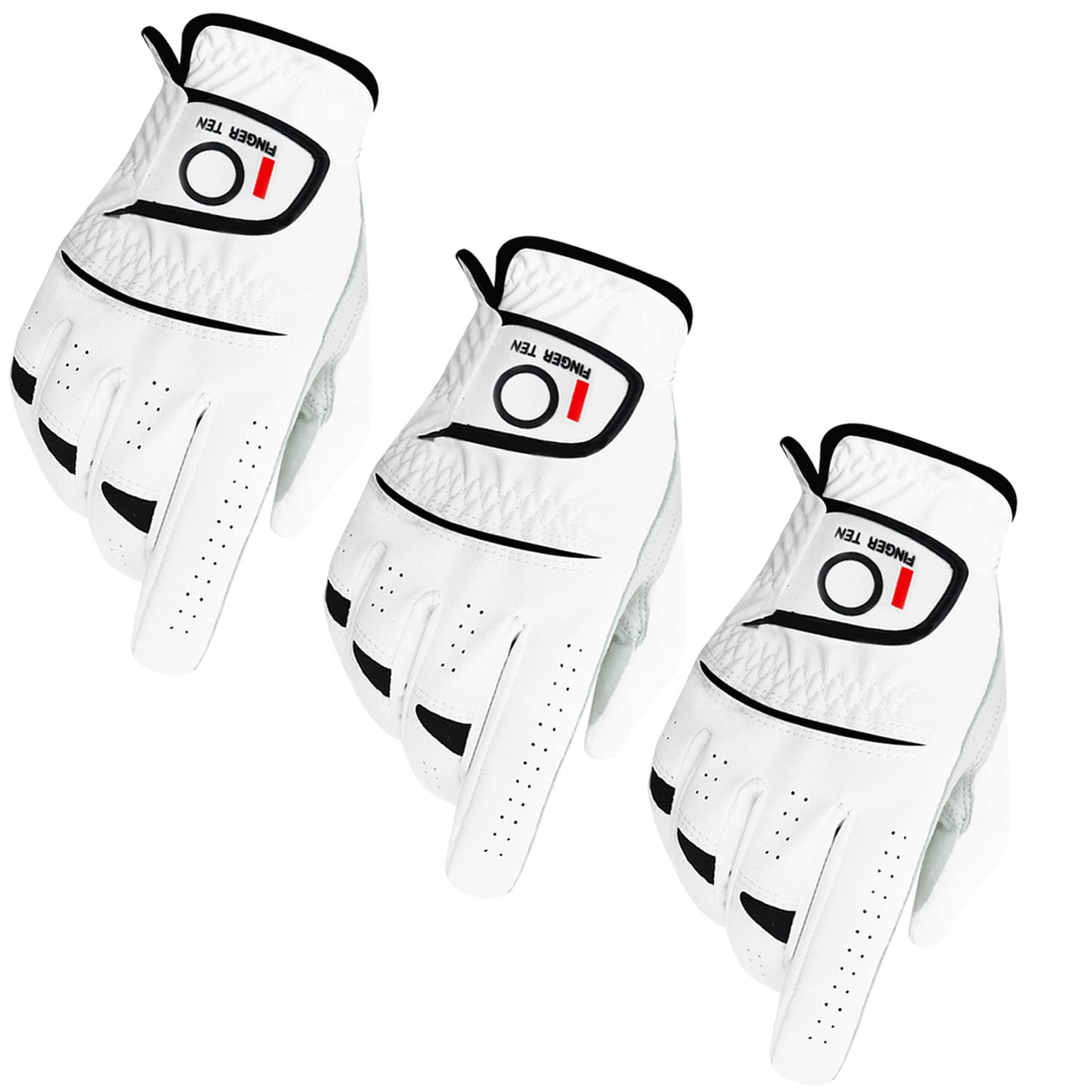 FINGER TEN Golf Gloves Men Right Left Handed Golfer Men’s Golf Glove Left Right Hand Value 3/6 Pack, All Weather Leather Grip Small Medium ML Large XL