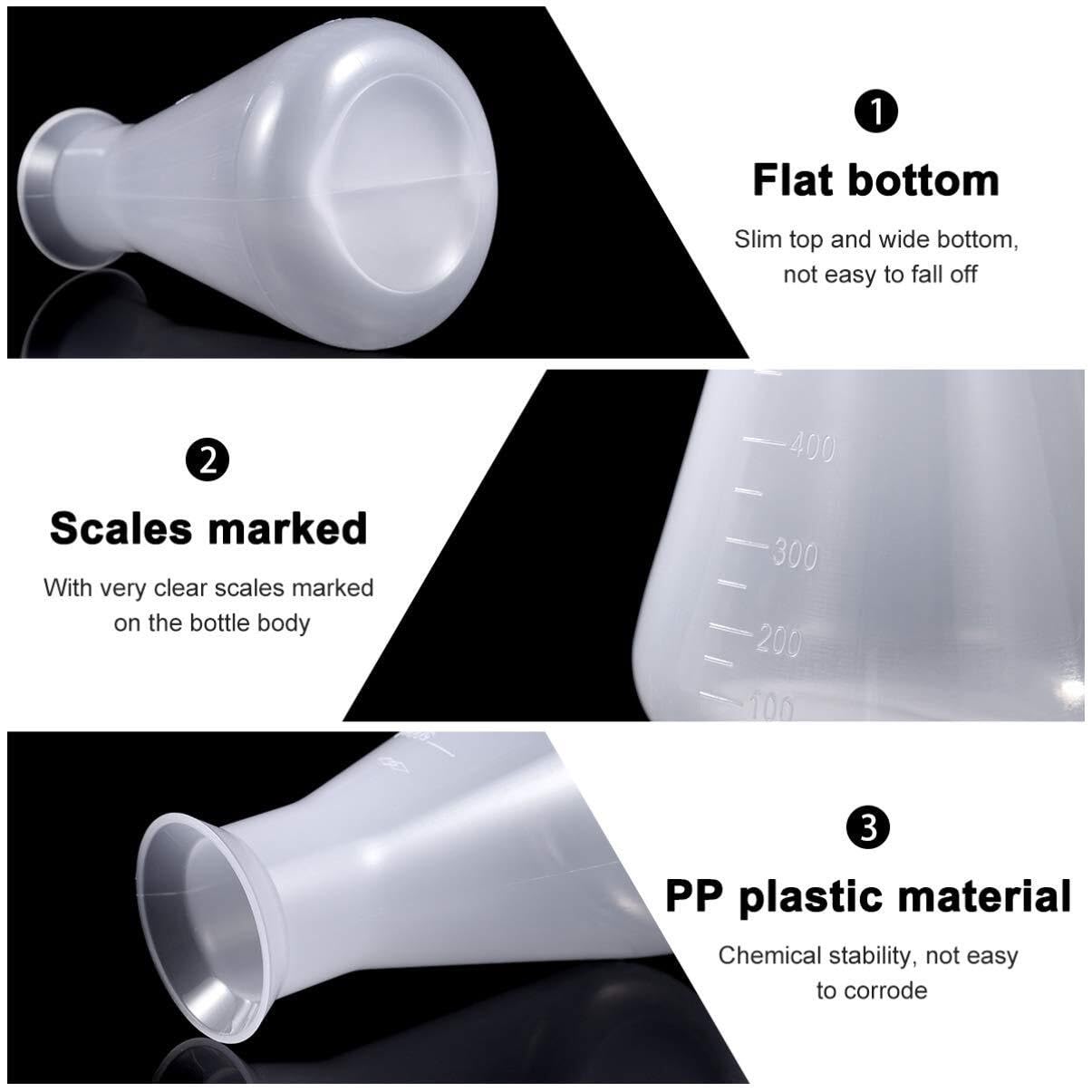 Juego de Matraces de Erlenmeyer - 3 piezas de Plástico para Laboratorio y Educación - 50ml, 100ml, 500ml