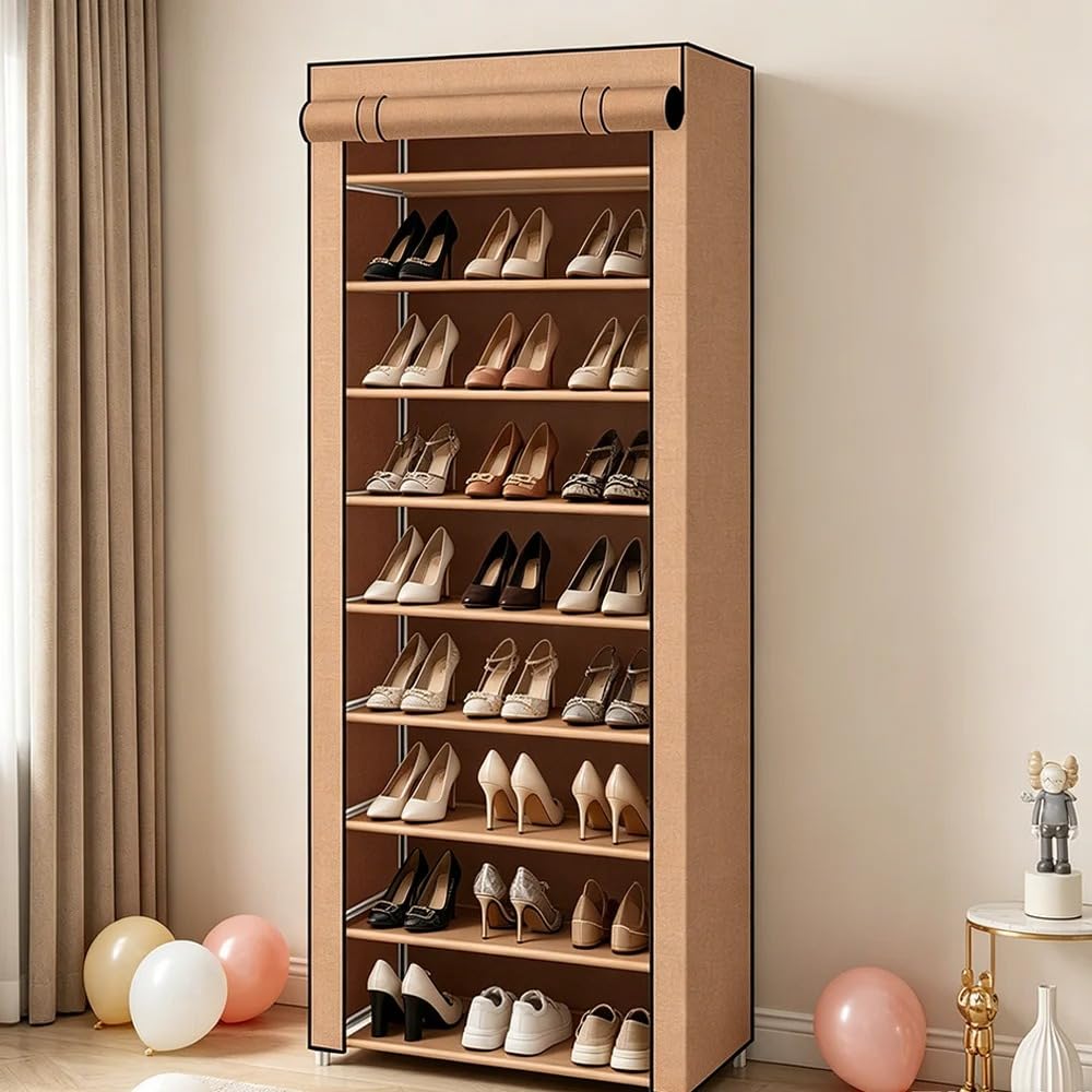 FYNORA 9 Tier Shoe Rack with Cover, Tall Shoe Storage Cabinet 60 x 30 x 155 cm, Dustproof Shoe Organiser with Non-Woven Fabric Cover, Space Saving Shoe Storage Rack for Hallway, Bedroom, Wardrobe
