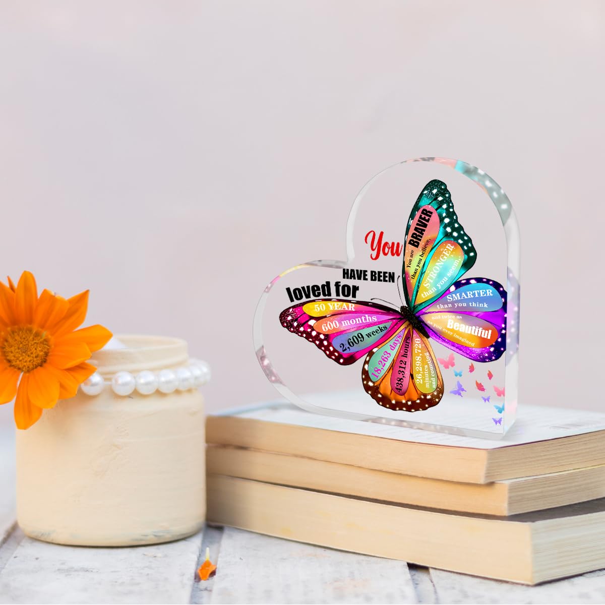 50th Birthday Gift For Women – Acrylic Heart Keepsake With Butterfly Design, “You Have Been Loved For 50 Years”